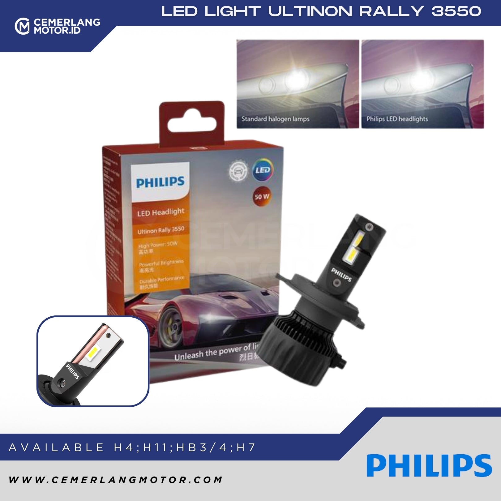 PHILIPS LAMPU LED ULTINON RALLY 3550 6500K 50W – Cemerlang Motor