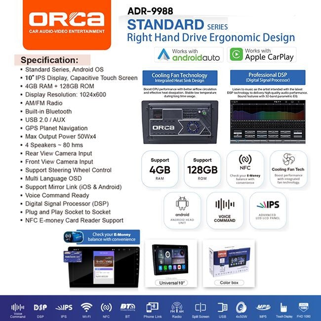 ORCA HEAD UNIT ANDROID STANDARD NFC 4+128 GB